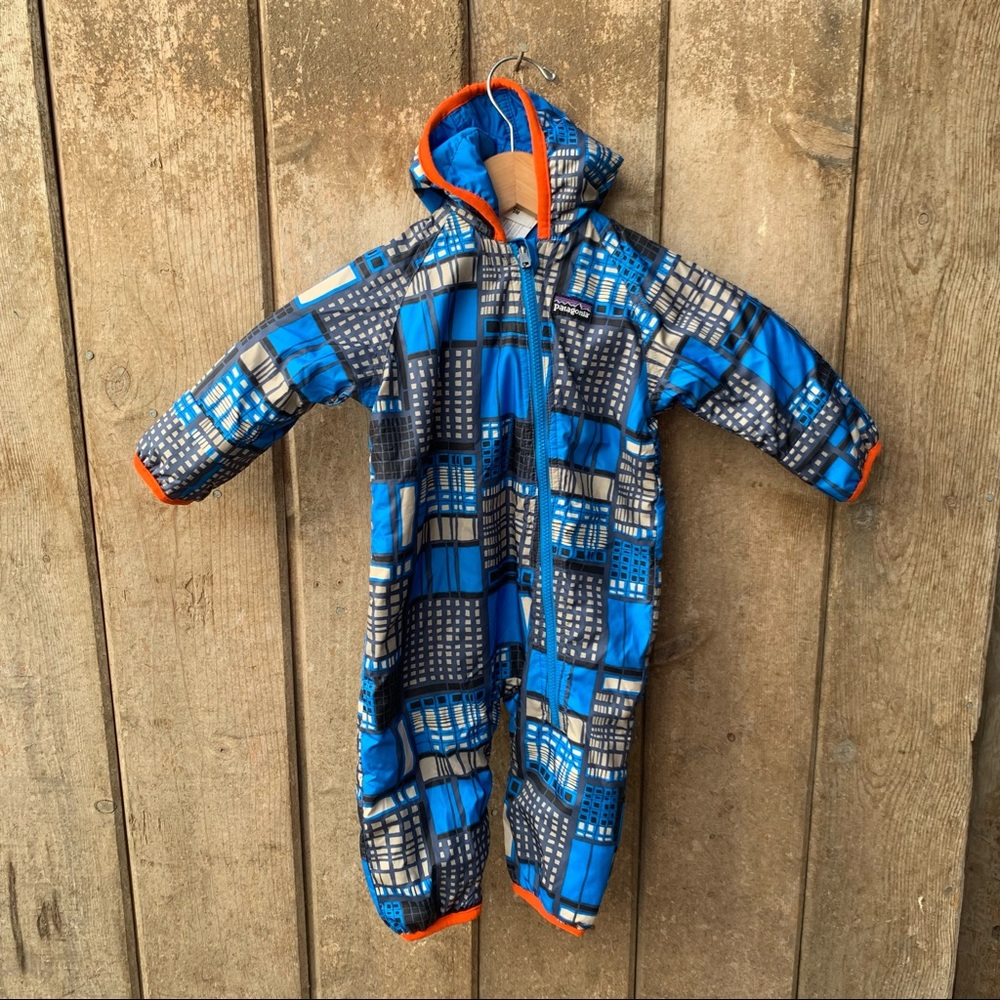 Patagonia Reversible Snowsuit Puff Ball Bunting 3 Months Baby Plaid Blue